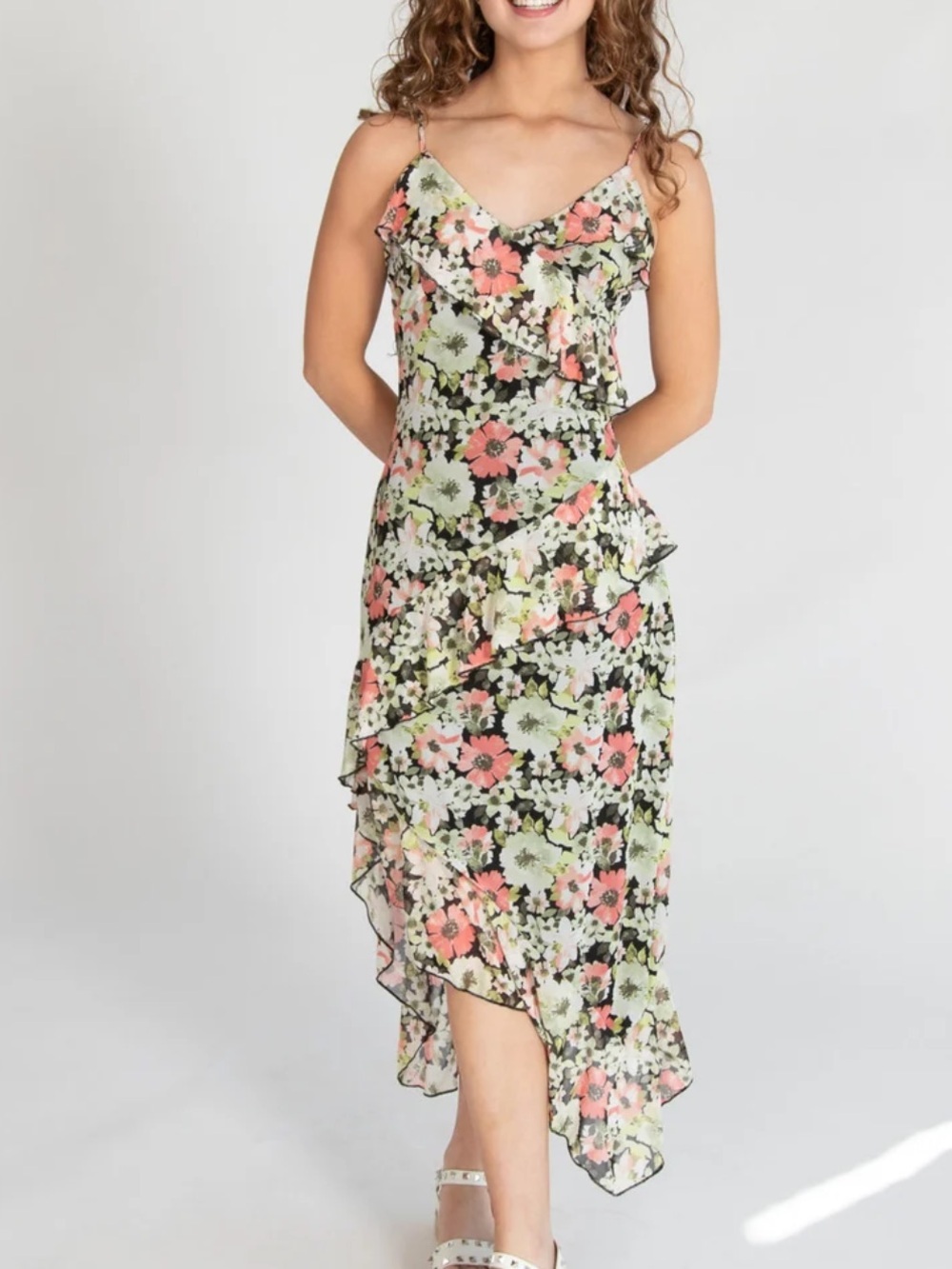 No Comment Floral Asymmetrical Hem Ruffle Mesh Midi w Midi Slip Dress Size L
